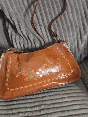 Handcrafted Brown Leather Shoulder Bag with Floral Embroidery